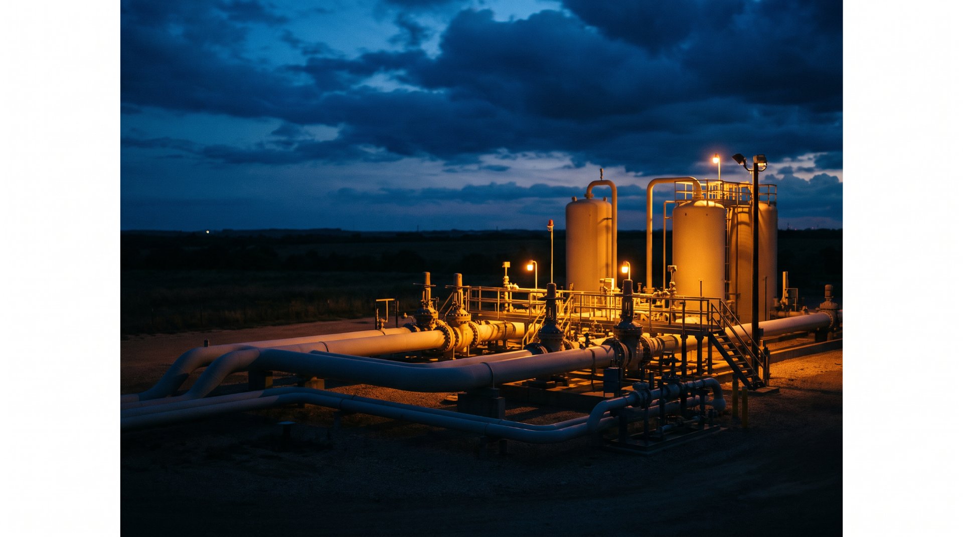 Midstream oil and gas facility on the Texas plains at dusk
