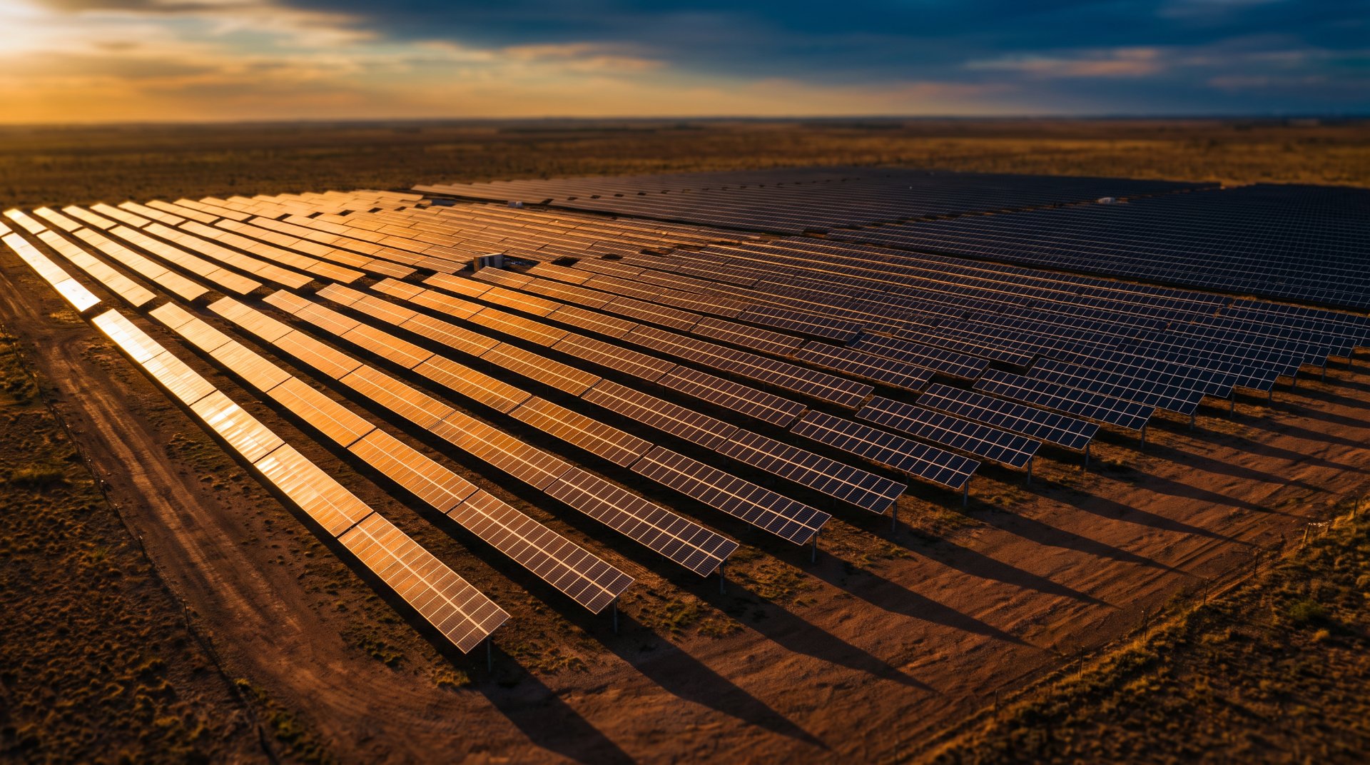 Utility-scale solar farm at golden hour in West Texas
