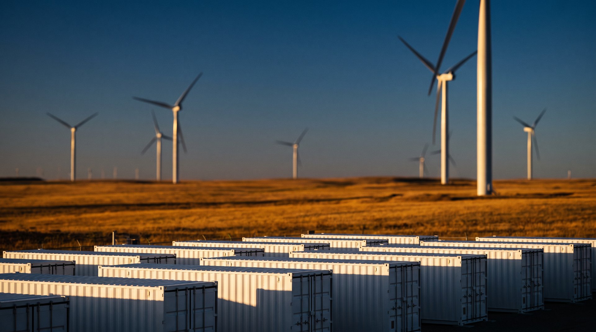 Wind turbines and battery energy storage systems on open plains